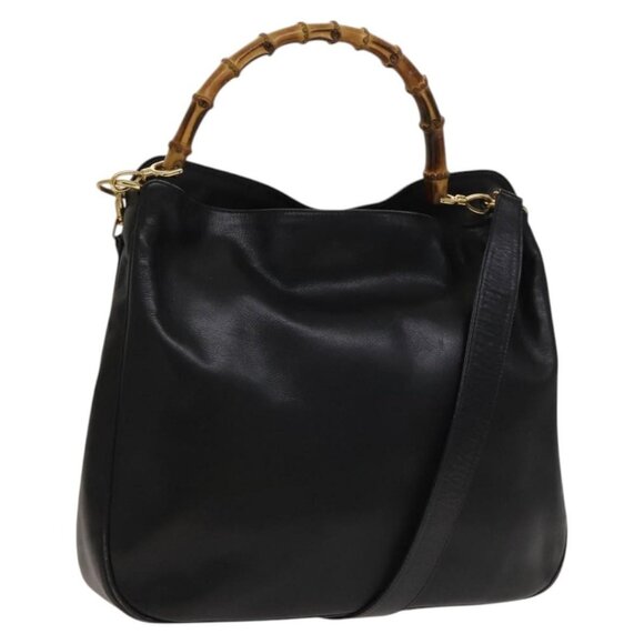 GUCCI Bamboo Hand Bag Leather 2way Black Gold Auth ep9886 - Picture 1 of 16